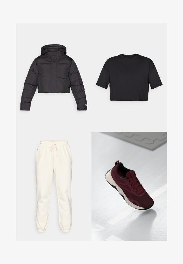 Afskåret sort pufferjakke med hætte, der har quiltet design, elastiske manchetter og diskret logo-detail på ærmet.; Sort cropped t-shirt lavet af blødt stof, med en rund halsudskæring og korte, brede ærmer, med et enkelt, sømløst design.; Cremefarvede sweatpants lavet af blødt stof, med en elastisk talje med snøre, sidelommer og snævre cuffs ved anklerne.; Bordeaux atletiske sko med mesh-overdel, sorte accents og en polstret hvid sål. Har snørebåndslukning og en løkke ved hælen.