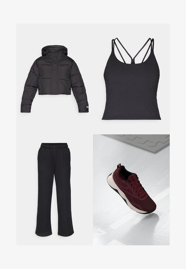 Afskåret sort pufferjakke med hætte, der har quiltet design, elastiske manchetter og diskret logo-detail på ærmet.; Sort top med tynde stropper og krydset design på ryggen. Lavet af blødt, strækbart materiale med en tætsiddende silhuet.; Sorte sweatpants med en flagrende pasform, elastisk talje og sidelommer. Lavet af blødt stof uden synlige mønstre eller accenter.; Bordeaux atletiske sko med mesh-overdel, sorte accents og en polstret hvid sål. Har snørebåndslukning og en løkke ved hælen.