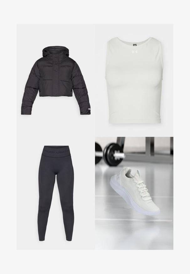 Kratka črna zimska jakna s kapuco, z našitim kvadratnim vzorcem, elastičnimi manšetami in diskretno logotipno podrobnostjo na rokavu.; Bela skrajšana atletska majica iz gladkega, elastičnega materiala z okroglo izrezom in brez rokavov; na sprednji strani se nahaja majhna oznaka.; Črne legice z visokim elastičnim pasom, na katerem je napis "UNDER ARMOUR". Gladka tekstura z diskretnimi vzorčnimi akcenti ob nogah.; Bela športna teniska z mrežastim zgornjim delom z teksturo in sistemom vezalk, ki ima oblazinjen beli podplat in subtilne rebraste detajle.