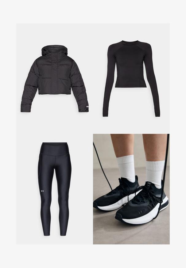 Trumpa juoda pūkinė striukė su kapišonu, pasižyminti siuvinėtu dizainu, elastingomis rankogaliais ir subtiliu logotipo detaliu ant rankovės.; Juodas ilgomis rankovėmis trumpas viršus, pagamintas iš elastingos medžiagos, su apvalia kaklo iškirpte ir raglan rankovėmis su subtiliais siūlių akcentais.; Juodos leggingai, pagaminti iš lygaus, elastingo audinio su aukštu juosmeniu. Kairiajame šlaunyje yra baltas logotipas ir tvirta konstrukcija.; Juodi sportiniai batai su tekstūruotu audiniu, balta padu ir juodais raiščiais. Dėvimi su baltais raištiniais kojiniais, stovint lengvame paviršiuje.