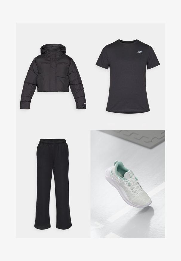 Skraćena crna puder jakna s kapuljačom, s podstavljenim dizajnom, elastičnim manžetama i diskretnim logotipom na rukavu.; Crna majica s kratkim rukavima napravljena od mekanog materijala, s malim sivim New Balance logotipom na gornjem lijevom dijelu prsnog koša, klasičnog dizajna s kružnim izrezom.; Crne trenirke s razvedrenim oblikom, elastičnim pojasom i bočnim džepovima. Izrađene od mekog materijala bez vidljivih uzoraka ili akcenta.; Svijetlosivi atletski tenisice s teksturiranim pletenim gornjim dijelom, mint zelenim detaljima, bijelim vezicama, gumeni potplat i petni nastavak.