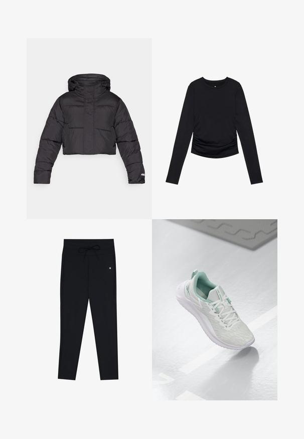 Kuttet svart dunjakke med hette, med quiltet design, elastiske mansjetter og diskret logo-detalj på ermet.; Svart langermet topp med rund hals og innsamlet detaljering på sidene, vist mot en ensfarget hvit bakgrunn.; Svarte leggings med en glatt tekstur, som har en snor i livet og en subtil logo. Designet er tettsittende og smalner inn ved anklene.; Lys grå idrettssko med en teksturert strikket overdel, mintgrønne detaljer, hvite snøringer, gummisåle og en løftestropp på hælen.