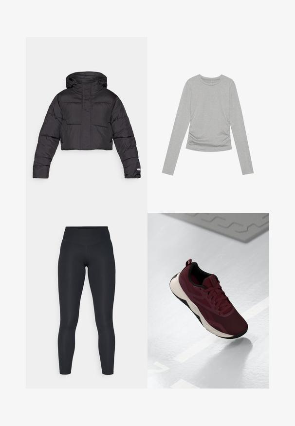 Afskåret sort pufferjakke med hætte, der har quiltet design, elastiske manchetter og diskret logo-detail på ærmet.; Grå langærmet skjorte lavet af blødt materiale, med en simpel rund halsudskæring og rynkede detaljer på siderne.; Sorte leggings lavet af strækbart stof, med en høj talje, glat tekstur og en kropsnær pasform. Ingen synlige mønstre eller hardware.; Bordeaux atletiske sko med mesh-overdel, sorte accents og en polstret hvid sål. Har snørebåndslukning og en løkke ved hælen.