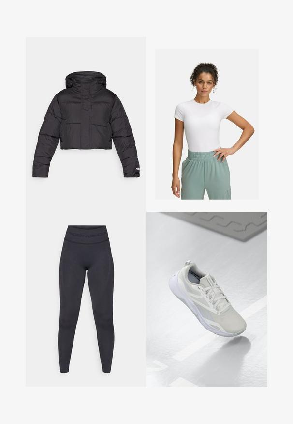 Chaqueta acolchada negra recortada con capucha, que presenta un diseño acolchado, puños elásticos y un discreto detalle del logo en la manga.; Camiseta blanca ajustada de manga corta, combinada con pantalones de cintura elástica de color verde claro. Textura suave, diseño minimalista y sin patrones visibles.; Leggings negros con una cinturilla elástica alta que presenta el texto "UNDER ARMOUR". Textura suave con detalles de patrón sutil a lo largo de las piernas.; Zapatilla deportiva blanca con parte superior de malla, lengüeta acolchada y suela de goma blanca. Los detalles notables incluyen acentos en gris claro y una lengüeta para tirar.