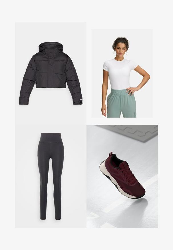 Chaqueta acolchada negra recortada con capucha, que presenta un diseño acolchado, puños elásticos y un discreto detalle del logo en la manga.; Camiseta blanca ajustada de manga corta, combinada con pantalones de cintura elástica de color verde claro. Textura suave, diseño minimalista y sin patrones visibles.; Leggings negros de tela elástica con cintura alta, con bolsillos laterales y costuras planas para un acabado suave.; Zapatilla deportiva marrón con parte superior de malla, acentos negros y suela blanca acolchada. Cuenta con cierre de cordones y una lengüeta en el talón.