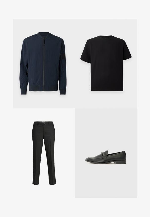 Navy blue bomber jacket with a front zipper, ribbed cuffs and hem, side pockets, and a textured patch on the sleeve. Soft fabric finish.; Black short-sleeve T-shirt made of textured fabric, featuring a round neckline and a relaxed fit. Simple, no patterns or accents.; Black trousers, tailored fit, smooth fabric, mid-rise waist, front button closure, diagonal pockets, and crease detailing down the legs.; Black leather loafer with a smooth finish, featuring a stitched design and a decorative metal chain accent across the vamp. Flat heel.