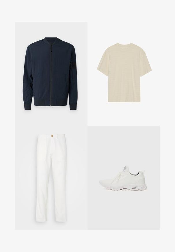 Mornarsko modra bomber jakna z zadrgo spredaj, rebrastimi manšetami in robom, stranskimi žepi ter teksturiranim emblemom na rokavu. Mehak material.; T-maica kratkih rukava kremaste barve z diskretnim prugastim vzorcem in okroglim izrezom, izdelana iz lahkotnega blaga.; Beli tkaninski hlače s ravnim krojem, ki imajo dve sprednji žepi in zapiranje na gumb. Gladka tekstura in čista zasnova.; Bela atletska obuća z značilnom pletenom gornjom stranom, ravnim vezicama i podlogom s jastučićem koja ima vidljive zračne komore za dodatnu potporu.
