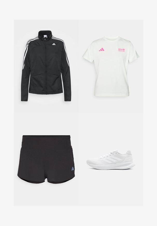 Zwarte sportjack met rits, netvoering en witte gestreepte accenten langs de schouders. Twee ritszakken aan de voorkant.; Witte T-shirt met korte mouwen met roze Adidas-logo op de linkerborst en BMW Berlijn Marathon-logo op de rechterborst.; Zwarte sportshorts met een gematteerde afwerking, voorzien van een brede tailleband en een Adidas-logo in lichtblauw aan de onderzijde links.; Witte sportschoenen van meshmateriaal, met een gestroomlijnd ontwerp, ronde neus, gestructureerde hiel en drie strepen aan de buitenkant.