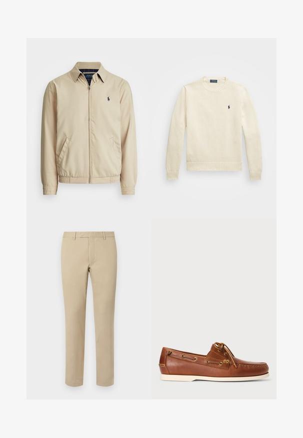 Svetlo bež zip-up jakna z ovratnikom, stranskimi žepi, elastičnim pasom in majhnim mornarsko modrim logotipom na prsih. Gladka tekstura.; Kremno barvan pleteni pulover s krojnim ovratnikom, rebrastim robom in zapestji, z majhnim mornarsko modrim logotipom na levem prsnem delu.; Bež hlače iz bombaža s ravnim krojem, ki vsebujejo zanke za pas, ravno sprednjo stran in natančno obdelane robove. Gladka tekstura in minimalno podrobnosti.; Rjave usnjene čolnarice z vezalkami, zlatimi luknjicami in smetanasto gumijastim podplatom. Oblikovane z dvignjenim šivnim vzorcem na konici.
