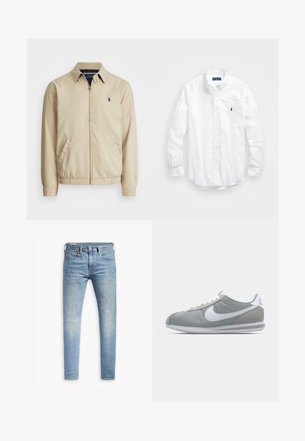 Light beige zip-up jacket with a collared neck, side pockets, elastic waistband, and a small navy logo on the chest. Smooth texture.; White long-sleeve button-up shirt in cotton. Features a classic collar, button cuffs, and a small navy embroidered logo on the chest.; Light blue slim-fit jeans with slight fading on thighs, front button closure, belt loops, and five-pocket styling on a white background.; Gray athletic shoe with a suede and textile upper, white Nike swoosh, and white laces. Features a textured rubber sole and padded collar.