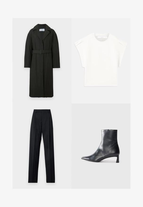 Czarny trencz z paskiem w talii, szerokimi klapami i długimi rękawami. Wykonany z teksturowanej tkaniny, o prostym kroju i minimalistycznym wzornictwie.; Biały, prostokątny t-shirt z krótkim rękawem. Wykonany z gładkiego materiału, z okrągłym dekoltem i subtelnymi akcentami na ramionach. Prosty design.; Czarne spodnie wykonane z gładkiego materiału, z wysokim stanem, szerokimi nogawkami, fałdami z przodu i klasycznymi szlufkami na pasek. Brak widocznych kieszeni bocznych.; Czarne skórzane botki sięgające kostki z ostrym noskiem i eleganckim designem. Posiadają niski obcas oraz zamek błyskawiczny z tyłu. Gładka faktura.