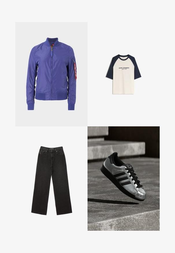 Lila bomberjacka med dragkedja framtill, ribbad mudd och nederkant, sidofickor och en röd tygetikett på ärmen. Slät textur.; T-shirt med raglanärm i krämfärg med mörkblå ärmar, prydd med texten "ANGEL NUMBERS 912-412" tryckt på framsidan i svart. Material av bomullsblandning.; Svart vida jeans i denim, med små prickiga mönster, klassisk femfickorsdesign och stängning med knäppning och dragkedja.; Silverfärgad sneaker med svart gummisula, svarta skosnören och tre svarta ränder. Har en metallisk yta och klassisk tåhattdesign.