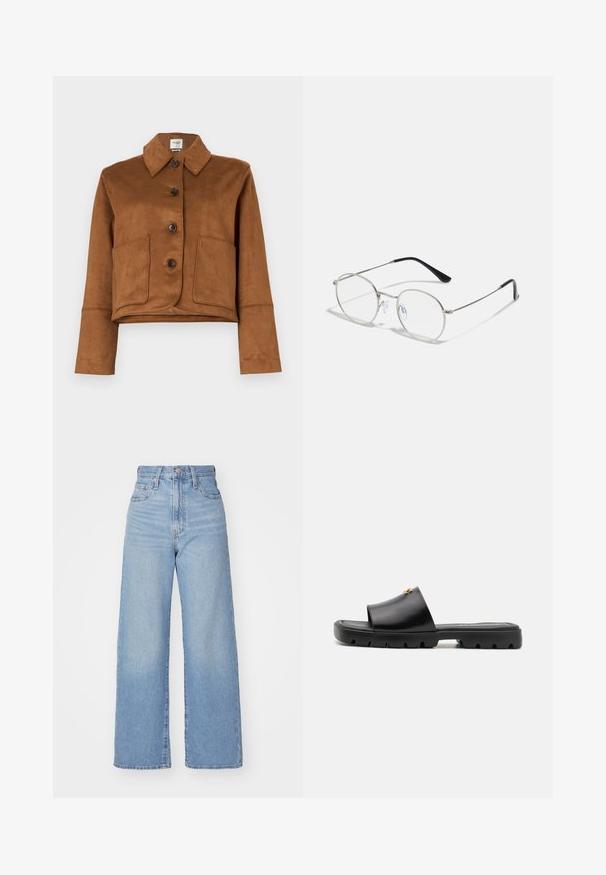 Abercrombie & Fitch Vegan Suede Button-Through Jacket - Veste mi-saison - tannin; Chemise blanche à boutons avec un col pointu, des manches longues et un petit logo bleu sur la poitrine gauche. Fabriquée en tissu en coton.; Jean large taille haute bleu clair avec bouton et fermeture éclair à l'avant, poches avant et arrière, sur fond blanc.; Mules noirs avec une tige en cuir lisse et mat et une semelle en caoutchouc épaisse et texturée. Accent en métal doré notable sur la tige. Design simple et ouvert.; Lunettes de vue rondes en métal avec une fine monture argentée, verres transparents et branches noires avec embouts en caoutchouc pour le confort. Design minimaliste.