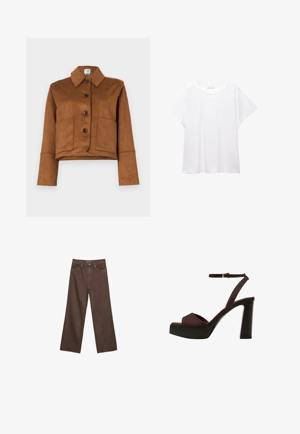 Abercrombie & Fitch Vegan Suede Button-Through Jacket - Übergangsjacke - tannin; Weißes T-Shirt aus weichem, leichtem Stoff. Mit runder Halslinie und kurzen, weit geschnittenen Ärmeln für einen lässigen Sitz. Keine sichtbaren Muster.; Weite braune Jeans aus Denim, mit hoher Taille, Fronttaschen und klassischem Knopfverschluss. Glatte Textur mit feinen Nähten.; Braune Wildleder-Pumps mit offenem Zeh, verstellbarem Knöchelriemen und gestreiftem Plateausohlen.