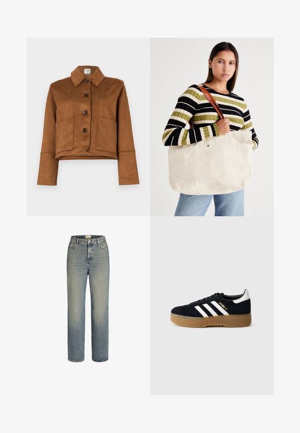 Abercrombie & Fitch Vegan Suede Button-Through Jacket - Jachetă subțire - tannin; Tricou alb din bumbac, cu mâneci scurte, având un logo grafic rotund în verde și galben, care afișează "Adidas Originals" și desene cu fructe.; Blugi din denim de culoare albastru deschis, cu un design pe picior drept, talie înaltă, stil cu cinci buzunare și ușoară decolorare. Prezintă închidere cu nasture metalic și fermoar.; Pantof sport negru din piele întoarsă, cu trei dungi albe și siglă aurie. Talpă de gumă cu aderență texturată. Design clasic cu talpă joasă, vârf rotunjit.; Geantă mare din pânză bej, cu mânere din piele maro, având un design minimalist și accente de cusături vizibile.