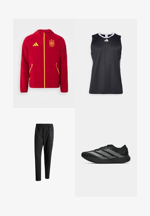 Sarkans mētelis ar kapuci, dzelteniem akcentiem un rāvējslēdzēju. Krūšu daļā ir Spānijas ģerbonis un divas sānu kabatas. Gluda, viegla materiāla konstrukcija.; Melnā bezpiedurkņu sporta krekls ar V-veida kakla izgriezumu, baltām akcentēm sānos un baltu Adidas logotipu uz krūts. Gluda, mitrumu uzsūcoša auduma material.; Melni sporta bikses ar elastīgu vidukli, divām kabatām ar rāvējslēdzējiem sānos, sašaurinātām kājām un diskrētu logo detaļu uz gurniem.; Melni sporta apavi ar vieglu dizainu, ar trim izteiksmīgiem pelēkiem svītrām, gludu virsmu un kontūrveida zoli.