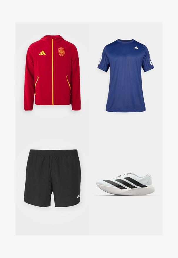 Rode jack met capuchon, gele accenten en rits. Bevat een Spanje-wapenschild op de borst en twee zijzakken. Glad, lichtgewicht materiaal.; Navyblauw sportshirt met korte mouwen, gemaakt van een gladde stof, met een ronde hals en een wit logodetail op de bovenste linkerborst.; Zwarte sportieve shorts met een elastische tailleband, zijsplits en reflecterende logo-accenten. Gemaakt van lichte, gladde stof.; Lichte hardloopschoenen in lichtblauw met zwarte strepen. Beschikt over een soepele bovenkant, ronde neusstuk en dikke witte tussenzool met het label "LIGHTSTRIKE PRO."