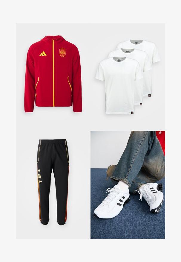 Rød jakke med hætte, gule detaljer og lynlås. Har et Spanien-våbenskjold på brystet og to sidelommer. Glat, let vævning.; Tre ensfarvede hvide bomulds t-shirts med korte ærmer. Hver shirt har en rund halsudskæring og et lille sort logo mærke på venstre side.; Sorte træningsbukser med elastisk talje, guld- og røde sidelister og gule logoer på venstre lår.; Hvide mesh sportsko med sorte accenter, der har et struktureret design og en særpræget sål, parret med blå denimjeans.