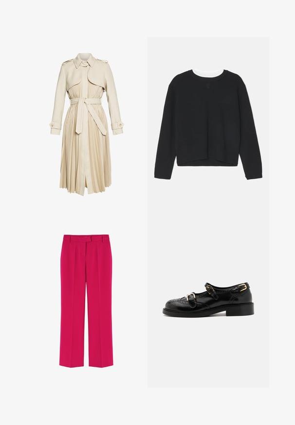 Beige trensš coat, jossa on liesituuletin hame, vyötärön vyö ja kaulus. Ominaisuuksiin kuuluvat hartiaepauletit ja napitettu hihansuu. Sujuva kankaan rakenne.; Mustapaita pitkähihaisilla, pyöreällä kaula-aukolla ja hieman lyhyemmällä helmalla. Valmistettu pehmeästä kankaasta, jossa on hienovarainen logoetus edessä.; Fuksia laaja-housut sileästä kankaasta, jossa on tasainen etuosa, vyölenkit ja pieniä taitoksia lahkeiden varrella.; Musta nahkakengät brogue-yksityiskohdilla, joissa on kaksi solkea, pyöristetty kärki ja matala korko. Sileä pinta kiiltävällä viimeistelyllä.