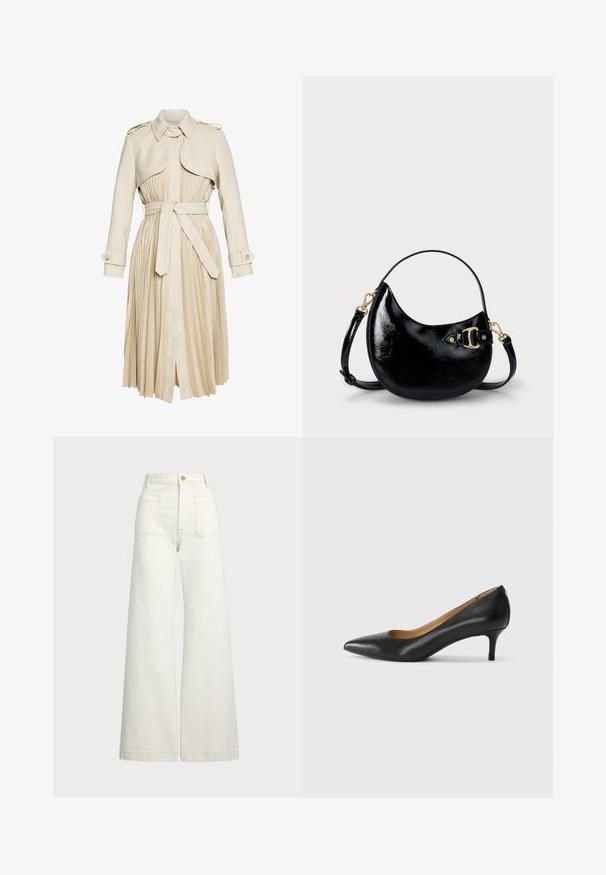 Beženi kaput s nabranom suknjom, pojasom i ovratnikom. Ima epaulety na ramenima i dugmad za zapešća. Glatka tekstura tkanine.; Kratki rukavi, prugasti top u krem i tamnoplavoj boji, sa okruglim izrezom i kutijastim dizajnom od teksturirane tkanine.; Široke traperice u boji krem-paleža. Visoki struk s kopčanjem na dugme, dva prednja džepa i kontrastni šavovi.; Crne kožne cipele s uskim vrhom, niskom petom i glatkom teksturom. Imaju blago otvaranje sprijeda i minimalne metalne detalje straga.; Crna torbica od lakirane kože s zakrivljenim oblikom, podesivim remenom i detaljem od zlatnog metala sa strane. Glatka, sjajna tekstura.