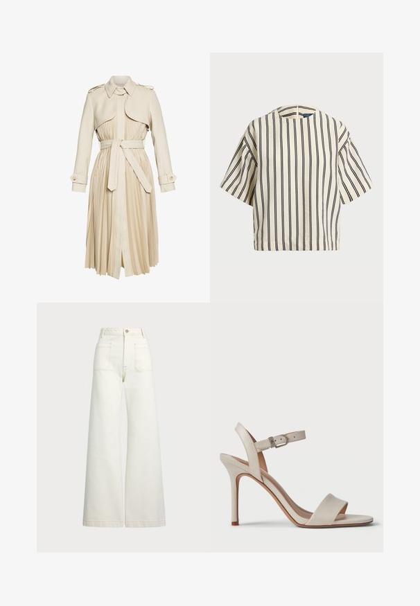Beige trenchcoat med plisserad kjol, bälte i midjan och krage. Har axelklaffar och knäppta ärmslut. Slät tygtextur.; Kortärmad randig topp i krämfärgad och marinblå, med rund halsringning och fyrkantig design i en texturerad tyg.; Vida jeans i off-white denim. Hög midja med knappstängning, två framfickor och kontrastsömnadsdetaljer.; Beige högklackad sandal med slät läderfinish, öppen tå, bred framrem och en justerbar ankelrem med metallspänne.