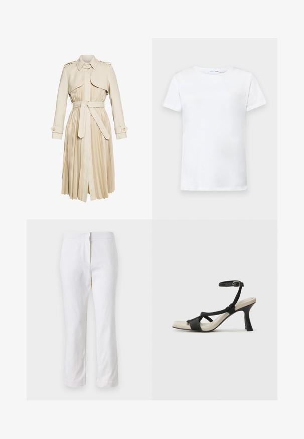 Beženi kaput s nabranom suknjom, pojasom i ovratnikom. Ima epaulety na ramenima i dugmad za zapešća. Glatka tekstura tkanine.; Bijela kratka majica s kratkim rukavima od pamuka s dizajnom okruglog izreza. Glatka tekstura i ravni kroj, bez uzoraka ili naglaska.; Bijele pamučne hlače ravnog kroja, sa strukom srednje visine i bez vidljivih metalnih dijelova ili uzoraka. Glatka tekstura kroz cijelu dužinu.; Crne sandale na visokom potpetici s dizajnom pletenih trakica, kvadratnim vrhom i podešivom trakicom oko gležnja. Svijetlosmeđi ulošci s sjajnim crnim potpeticama.