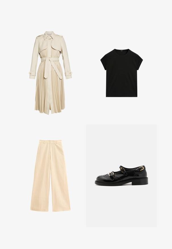 Beige trenchcoat met een geplooide rok, een ceintuur in de taille en een kraag. Beschikt over schouderepauletten en knoopsluitingen bij de mouwen. Gladde stoftextuur.; Zwarte t-shirt met korte mouwen en ronde hals, met een rechte zoom, plat weergegeven op een witte achtergrond.; Beige wijde broek gemaakt van lichtgewicht stof. Kenmerken zijn een hoge taille, ritssluiting en voorkwamen. Gladde textuur met een subtiele glans.; Zwarte leren schoenen met brogue-details, voorzien van twee gespsluitingen, een ronde neus en een lage hak. Glad oppervlak met een glanzende afwerking.