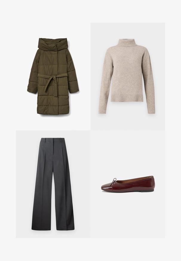 Grøn dunjakke med høj krave, bindebælte i taljen og quiltet design. Har en glat tekstur og lange ærmer.; Beige turtleneck sweater lavet af blødt strikmateriale. Har en ribbet krave og manchetter, med en let oversized, afslappet pasform.; Bredde benbukser i mørkegrå stof, med høj talje, enkelte læg og en glat tekstur med en ren finish ved kanten.; Bordeaux patentlæder balletflad med rund tå, lille sløjfeaccent foran og en lav, sort gummisål. Glat tekstur.