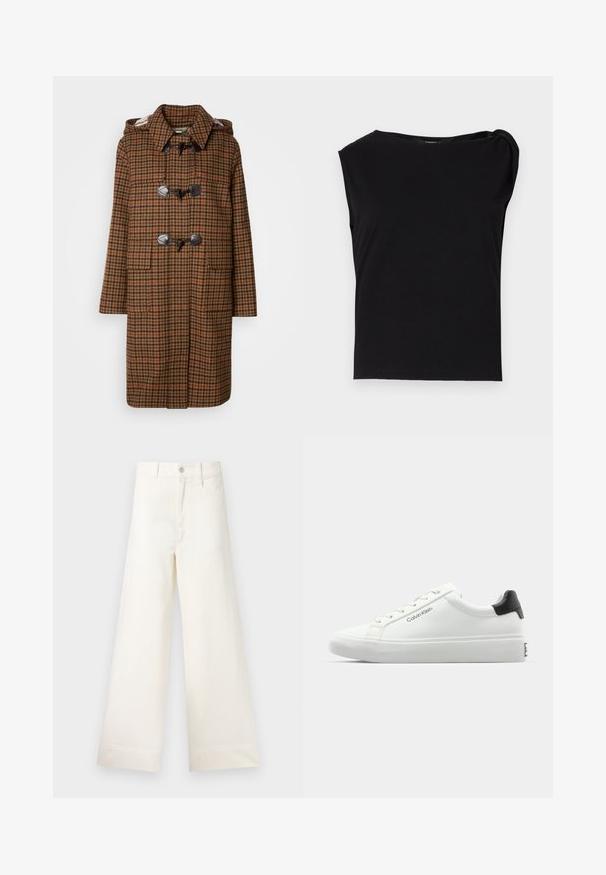 Brown plaid duffle coat with a hood, featuring toggle fastenings and two front pockets. Made of textured fabric with a check pattern.; Black short-sleeve top made of smooth fabric. Features a round neckline and draped detail on the shoulder. Simple, fitted design.; Wide-leg trousers in light beige cotton. Features a high waist, front pockets, and a straight cut. Clean hem finishing without patterns.; White sneaker with a smooth finish, black heel accent, and lace-up design. Features "Calvin Klein" branding on the side. Minimalist style.
