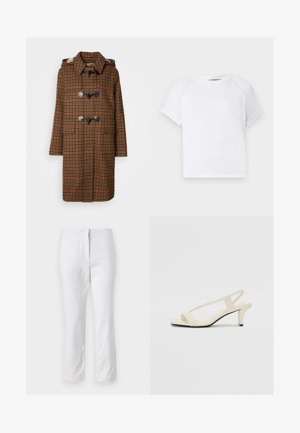 Brown plaid duffle coat with a hood, featuring toggle fastenings and two front pockets. Made of textured fabric with a check pattern.; White cotton t-shirt with a crew neckline, short raglan sleeves, and a relaxed fit. Smooth texture with no visible patterns or accents.; White cotton pants with a straight leg design, featuring a mid-rise waist and no visible hardware or patterns. Smooth texture throughout.; Beige block-heeled sandals with thin straps and a square toe. Smooth material with minimal detailing, designed for easy wear.