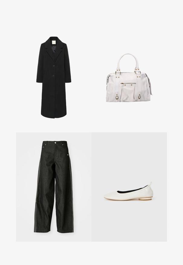Cappotto lungo nero in lana con rever a punta, due bottoni, tasche laterali e foderato internamente in modo liscio.; Maglietta nera a maniche corte con collo a giro e maniche raglan, presentata su uno sfondo bianco.; Pantaloni larghi in denim nero con strisce laterali bianche, dotati di tasche frontali, chiusura con bottone e un logo discreto vicino alla vita.; Ballerina bianca in pelle con punta arrotondata, tacco basso impilato, rivestimento interno nero e passante sul tallone, mostrata in profilo laterale su sfondo bianco.; Borsa in pelle bianca con hardware dorato, doppi manici, chiusura con zip e tasca frontale. Presenta un design plissettato e frange laterali.