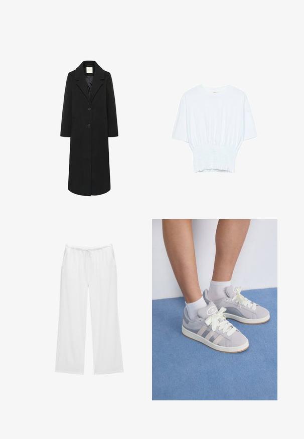Črn dolg volnen plašč z izrezanimi klapami, dvema gumboma, stranskima žepoma in gladkim notranjim podloženjem.; Bela majica s kratkimi rokavi sproščenega kroja in z gubanim materialom na pasu. Narejena iz mehkega, lahkega blaga.; Bele široke hlače iz mehkega blaga, opremljene z elastičnim pasom z vrvico in dvema stranskima žepoma. Preprost in čist dizajn.; Sive športne copate iz zamšene kože z belimi vezalkami in gumijastim podplatom, ki imajo tri diagonalne črte ob strani in logotip na ježku.