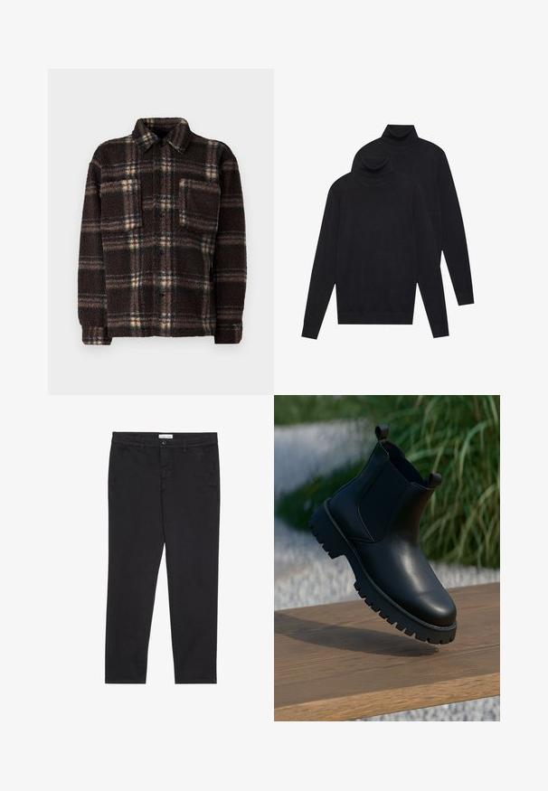 Brun rutigt fleece skjortjacka med knappstängning fram, spridd krage och en bröstficka; har en texturerad, fluffig tyg.; Två svarta långärmade polotröjor, enfärgat stickade, staplade med en något bakom den andra på en vit bakgrund.; Svarta bomullsbyxor med smal passform, som har två sidfickor och knäppning fram. Texturerad tyg med subtila detaljer.; Svarta läderankelstövlar med elastiska sidopaneler, rund tå och kraftig sula, visade på en träyta.