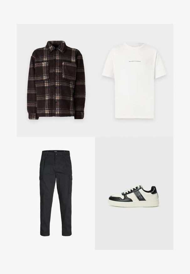 Brun rutete fleece skjortejakke med knappåpning foran, spredt krage og en brystlomme; har teksturert, fluffy stoff.; Hvit bomull t-skjorte med korte ermer og rund hals. Midt på t-skjorten står teksten "VELKOMMEN TIL PARADIS" i en buet grønn skrift.; Sorte cargo bukser laget av slitesterkt stoff, med flere lommer, knappelukking og en slim fit-design med avsmalnede ben.; Lædersneakers med sort og creme farveskema, der har perforerede detaljer, en polstret krave og en struktureret ydersål.