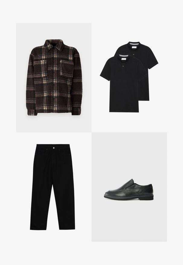 Hnědá kostkovaná fleecová košile s kabátovým střihem, předním zapínáním na knoflíky, rozhaleným límcem a jednou náprsní kapsou; má texturovanou, nadýchanou tkaninu.; Dvě černé polokošile s krátkým rukávem z bavlny, s klasickým límcem, dvouknoflíkovou légou a bílými pruhovanými akcenty uvnitř límce.; Černé džíny s rovně střiženými nohavicemi, designem pěti kapes a předním zapínáním na knoflík. Hladký povrch s minimem švových detailů.; Černá kožená nazouvací bota s hladkým svrškem, prošívanými detaily, zaoblenou špičkou a nízkým gumovým podpatkem. Podešev má minimální vzorek.