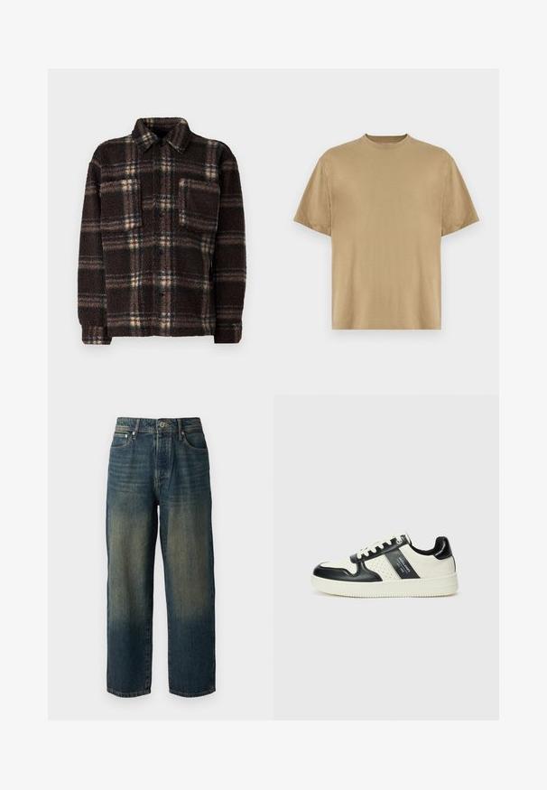 Chaqueta de camisa de forro polar a cuadros marrón con cierre de botones, cuello extendido y un bolsillo en el pecho; presenta una tela texturizada y suave.; Camiseta de manga corta color caqui, confeccionada en tejido suave, con un escote redondo y un corte relajado. No se aprecian patrones ni gráficos.; Jeans de mezclilla azul con corte recto, que presentan un diseño desgastado con tonos más claros hacia el dobladillo, cinco bolsillos y un cierre de botones.; Zapatillas de cuero con un esquema de colores negro y crema, que cuentan con acentos perforados, un collar acolchado y una suela texturizada.