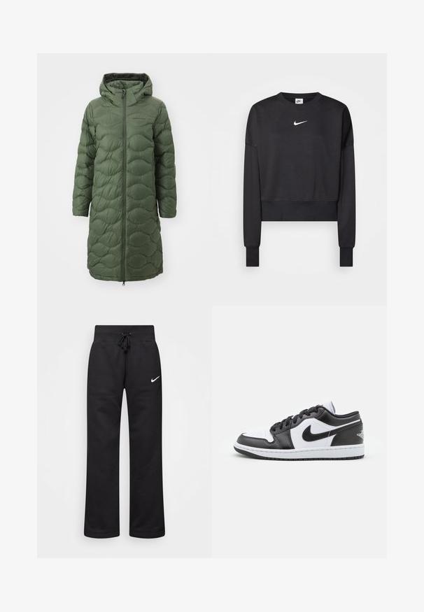 Peak Performance HELIUM COAT - Tollkabát - pine needle; Fekete, cropped fazonú, pamut keverékből készült pulóver, kerek nyakkivágással, hosszú ujjakkal és fehér Nike logóval a mellrészen.; Fekete pamut keverékból készült melegítőnadrág, húzózsinórral ellátott derékkal, egyenes szárakkal és fehér Nike logóval a bal oldalon.; Fekete-fehér Nike alacsony szárú sportcipők sima bőrből készültek, kerek orrúak, fűzős záródásúak, és mintás gumitalppal rendelkeznek.
