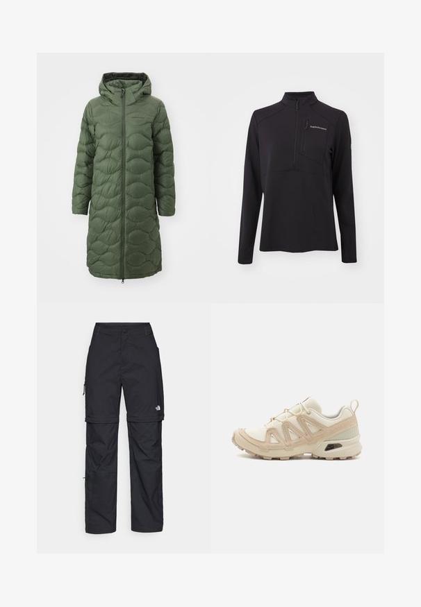 Peak Performance HELIUM COAT - Páperový kabát - pine needle; Čierny dlhý rukáv pulóver vyrobený z texturovaného materiálu, s polozipsom, vysokým golierom a zipsovou náprsní kapsou. Logo značky na prednej strane.; Čierne nylonové cargo nohavice s odnímateľnými nohavicami, nastaviteľnými manžetami, viacerými vreckami a logom na pravej nohe. Hladká, ľahká textúra.; Beige a krémová športová obuv s textúrovaným sieťovým zvrškom, podporujúcimi prekrytiami a gumovou podrážkou s dezénom pre trakciu.