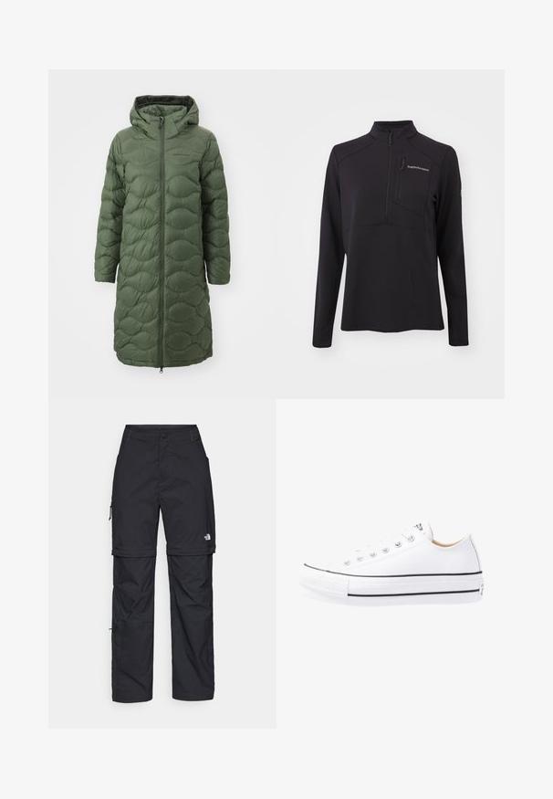 Peak Performance HELIUM COAT - Down coat - pine needle; Black long-sleeve pullover made from textured material, featuring a half-zip, high collar, and a zippered chest pocket. Brand logo on front.; Black nylon zip-off cargo trousers with adjustable cuffs, multiple pockets, and a logo on the right leg. Smooth, lightweight texture.; White canvas sneaker with a low-top design, rubber toe cap, black stripe along the sole, and metal eyelets for laces. Plain texture.