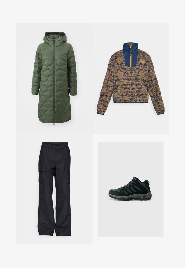 Peak Performance HELIUM COAT - Dūnu mētelis - pine needle; Daudzkrāsains džemperis ar rakstainu flīsa ķermeni, jūras zila krāsa apkaklei un krūšu panelim, ar rāvējslēdzēju un sānu kabatu ar dzeltenu akcentu.; Columbia BREA FALLS™ COTTON RIPSTOP PANT - Āra bikses - black; Columbia REDMOND - Pārgājienu apavi - black/citron haze