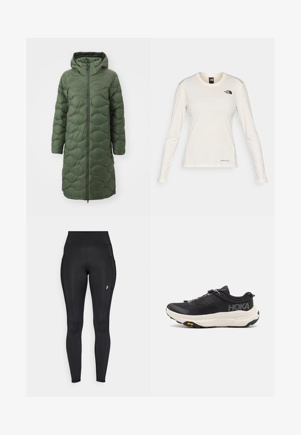 Peak Performance HELIUM COAT - Dūnu mētelis - pine needle; The North Face SHADOW LONG SLEEVE - Tops ar garām piedurknēm - white dune; Melnas pilna garuma legingu bikses, kas izgatavotas no elastīga materiāla, ar augsto jostasvietu, sānu kabatām un mazu logotipu kreisajā augšstilbā.; Melni sporta apavi ar elpojošu režģi augšdaļā, gumijas zoli, baltu amortizējošu starpzoli un atstarotājām šņorēm. Vibram logo uz zoles.