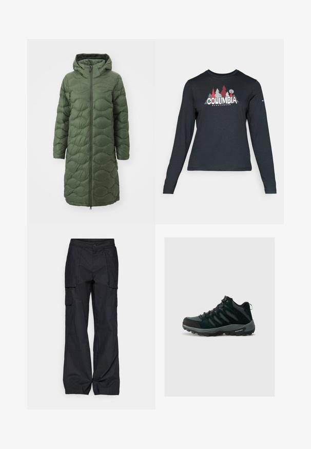 Peak Performance HELIUM COAT - Tollkabát - pine needle; Hosszú ujjú, sötétszürke ing piros fákkal és hegyekkel díszítve; a "COLUMBIA" logó vastag fehér betűkkel. Puha anyag, klasszikus kerek nyakkivágás.; Columbia BREA FALLS™ COTTON RIPSTOP PANT - Szabadtéri nadrágok - black; Columbia REDMOND - Túracipők - black/citron haze