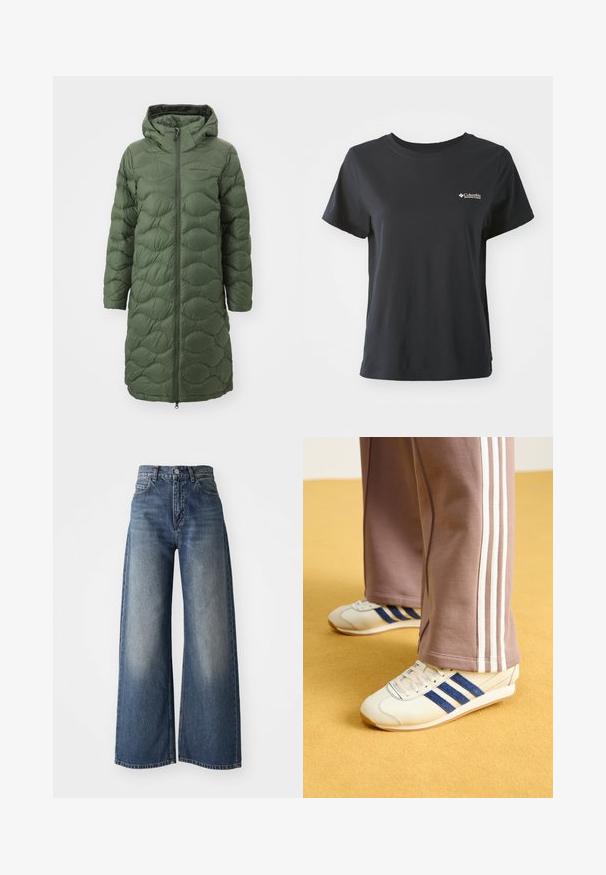 Peak Performance HELIUM COAT - Down coat - pine needle; Black cotton t-shirt with short sleeves, round neckline, and small white Columbia Sportswear logo on the left chest area.; Blue high-waisted wide-leg jeans with front button and pockets, faded texture on thighs and a straight hem.; Cream sneakers with blue suede stripes, white laces, and a rubber sole. Paired with gray sweatpants featuring white side stripes.