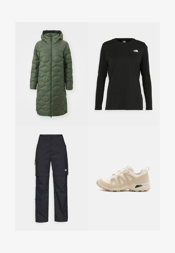 Peak Performance HELIUM COAT - Sulemantel - pine needle; Must mustahiheline T-särk, millel on pikad varrukad, valmistatud puuvillast ja ümarast kaelusest. Vasakul rinnal on väike valge logo. Lihtne disain ja sobivus.; Mustad nailonist valmistatud eemaldatavad cargo-püksid, reguleeritavate pahkluudega, mitmete taskutega ja paremal jalal logoga. Sile, kerge tekstuur.; Beež ja koobalti spordijalats tekstureeritud võrkkattega, toetavad ülemised kihid ja kummist tallaga, millel on mustriga joonistus haardeks.