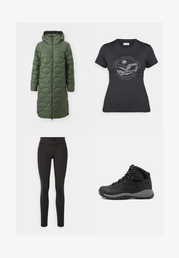 Peak Performance HELIUM COAT - Casaco de penas - pine needle; T-shirt preto da Columbia com arte em linha branca circular representando montanhas e rios, e o texto "Columbia Sportswear Company Outside Since 1938."; Leggings pretos com uma cintura alta, cordão, textura suave e design ajustado. Apresentam detalhes de costura ao longo das laterais.; Bota de caminhada preta com design de cano médio, apresentando um upper texturizado, detalhes cinzentos e sola de borracha durável com cravos de tração.