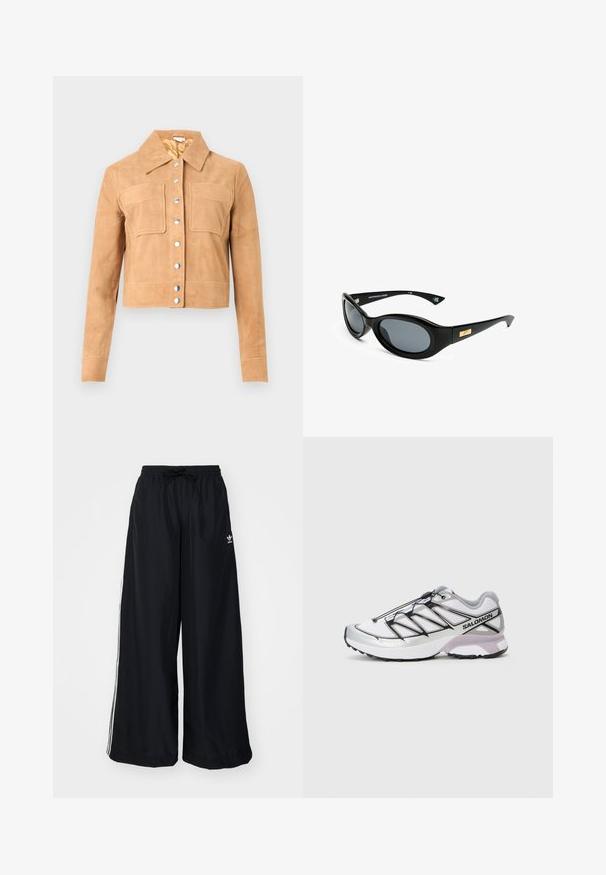 Tan mockasinfärgad kort jacka med långa ärmar, två framfickor med klaff, silverfärgade tryckknappar och spetsig krage på vit bakgrund.; Vit t-shirt med kort ärm gjord av mjukt tyg. Har en rund halslinning och en enkel, ren design med en rak nederkant.; Svarta vida byxor i lättviktsmaterial. Har resårmidja med dragsko och vita sidostreck. Varumärkeslogotyp på höften.; Löparskor med ett lätt, vitt meshtyg, silverdetaljer och svart snörningssystem; har en texturerad sula för bra grepp.; Svarta solglasögon med ovala linser, matt ram och en gyllene detalj på bågarna. Mörkgrå linser ger UV-skydd.; Svart läder crossbody-väska med dragkedjestängning, präglad logga på framsidan och justerbar rem. Slät textur med rektangulär form.