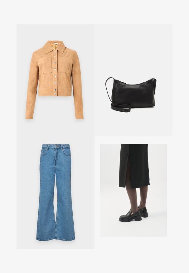 Kooratud tan värvi seemisnahast jakk pikkade varrukate ja kahe esiflapiga taskuga, hõbedased nööbid ja terav krae valge tausta peal.; Mustvalged ja valged T-särgid, ümar kaelus, lühikesed varrukad. Must särgile on tikitud kollane päike; valgel särgil on lillakate poolkuu aktsent.; Heledad sinine flared teksade rõivad, millel on kõrge talje, viis taskut ja üks nupulukk. Pehme tekstuur ja pleekinud viimistlus.; Mustad mustad jalatsid ümmarguse varbaga, paksu plokkniidi ja elastsete külgdetailidega, kombineeritud tumedate sukkade ja musta lõhikuga seelikuga.; Mustmust nahk õlakotil on sile tekstuur, kumer kuju, reguleeritav rihm ja lukuga sulgemine. Minimalistlik disain ilma kaunistusteta.