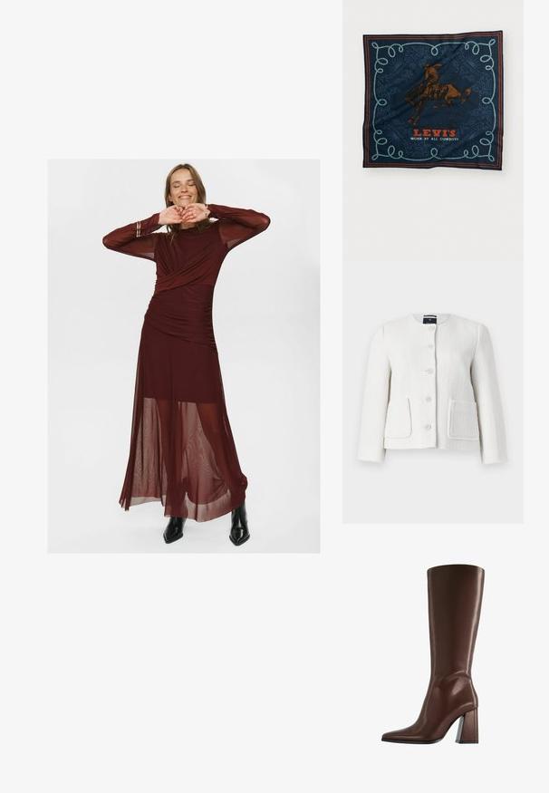 White textured jacket with round neck, five buttons, and two front pockets. Note the frayed edges around pocket openings and sleeves.; Long burgundy dress made of sheer and smooth fabric, featuring a wrapped bodice, ruched detailing, and sheer long sleeves.; Bershka Boots - dark red; Navy silk scarf featuring a brown horse rider graphic, decorative blue rope pattern, and “LEVI’S WORN BY ALL COWBOYS” text in red.