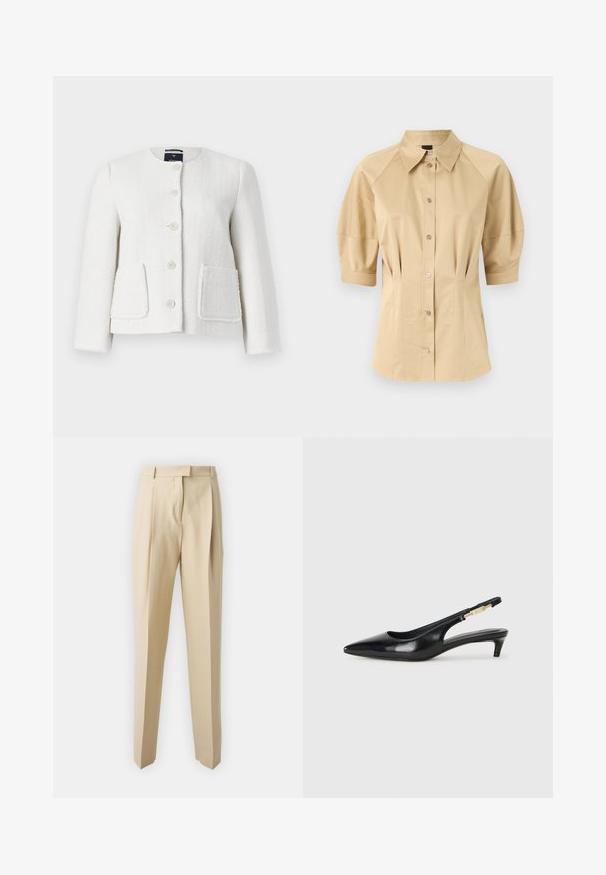 Witte gestructureerde jas met ronde hals, vijf knopen en twee voorzakken. Let op de rafelige randen rond de zakopeningen en de mouwen.; Beige blouse met korte pofmouwen, een gespreide kraag en naaddetails. Gemaakt van een gladde stof met een knoopsluiting aan de voorkant.; Beige op maat gemaakte broeken met een rechte snit, voorzien van plooien, een tailleband en een soepele textuur. Geen zichtbare zakken of versieringen.; Zwarte leren slingback hakken met een spitse neus, voorzien van een slanke hak en een goudkleurige accent op de verstelbare band. Gladde textuur.