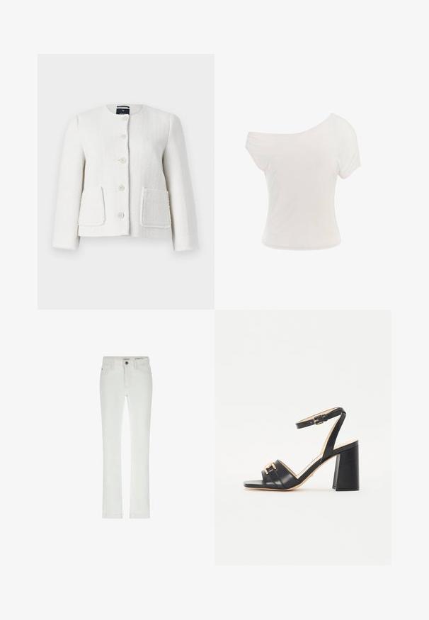 Weiß strukturierte Jacke mit rundem Halsausschnitt, fünf Knöpfen und zwei Fronttaschen. Beachten Sie die ausgefransten Kanten rund um die Taschenöffnungen und die Ärmel.; Weißes Off-Shoulder-T-Shirt aus weichem, leichtem Stoff. Kurze Ärmel, taillierte Form und gerollter Saum. Glatte Textur.; Weiße Jeans in schlanker Passform, 5-Taschen-Design und kontrastierenden Nähten. Mit Knopfverschluss und subtiler Markenkennzeichnung am Bund.; Schwarze Absatzsandalen aus glattem Leder, mit quadratischer Zehenpartie, Knöchelriemen und einem goldfarbenen Akzent an der Vorderseite.